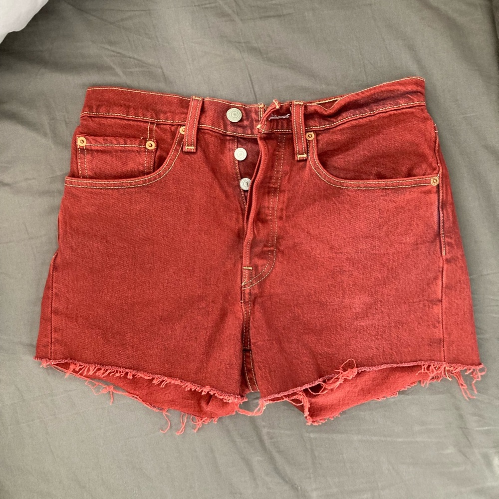 Womens Levi High Waisted Button Fly Red Denim Shorts Size 26